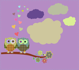 Two owls and love tree sitting on branch