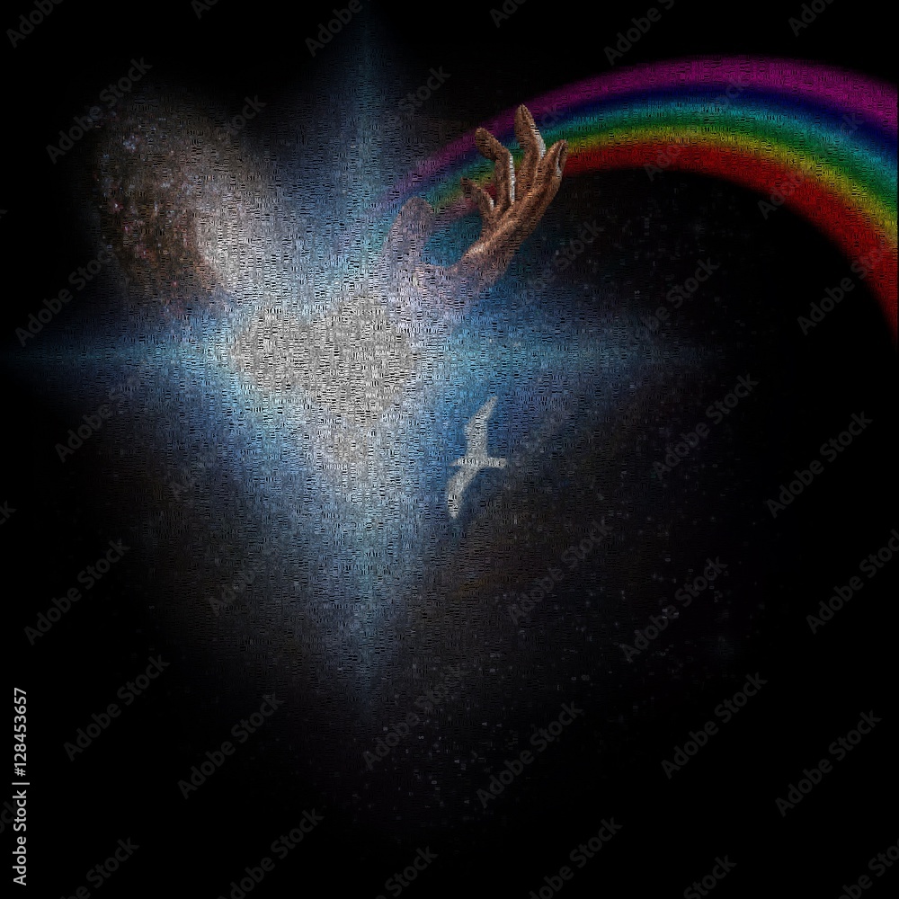 Poster hand of god image composed entirely of text some elements provided courtesy of nasa