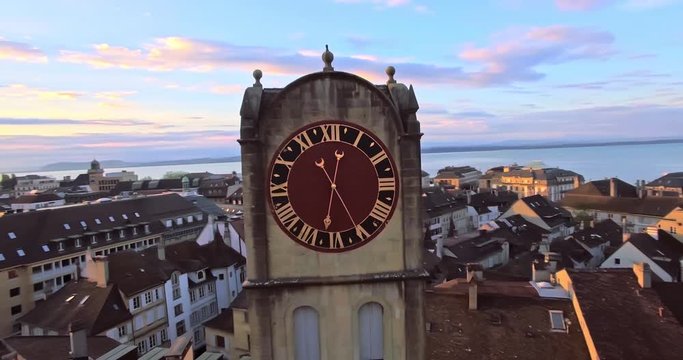 Aerial view of Vintage Bell-Tower in Neuchatel, Switzerland