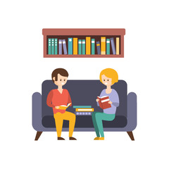 Library Or Bookstore With People Reading Books On The Sofa