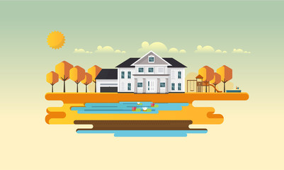 American suburban house Flat design vector concept illustration.