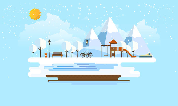 Public park in Winter. Abstrract Vector Flat illustration.

