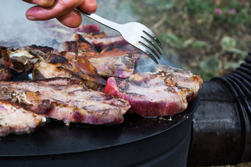 Grilling meat on wood stove