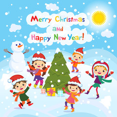 Obraz na płótnie Canvas Merry Christmas And Happy New Year. 2017. Winter fun. Cheerful kids playing in the snow. Stock vector illustration of a group of happy children in red Santa christmas hat vector 