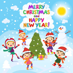 Fototapeta na wymiar Merry Christmas And Happy New Year. 2017. Winter fun. Cheerful kids playing in the snow. Stock vector illustration of a group of happy children in red Santa hat and playing near