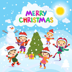 Merry Christmas. 2017. Winter fun. Cheerful kids playing in the snow. Stock vector illustration of a group of happy children in red Santa hat and playing near