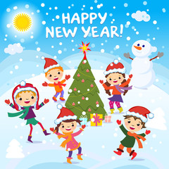 Happy New Year. 2017. Winter fun. Cheerful kids playing in the snow. Stock vector illustration of a group of happy children in red Santa hat and playing near