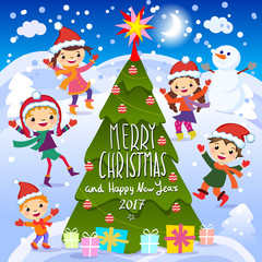 Merry Christmas And Happy New Year. 2017. Winter fun. Cheerful kids playing in the snow. Stock vector illustration of a group of happy children in red Santa hat and playing near