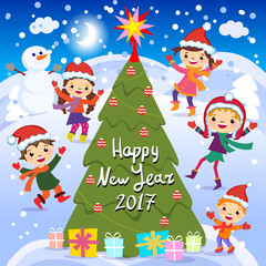 Happy New Year. 2017. Winter fun. Cheerful kids playing in the snow. Stock vector illustration of a group of happy children in red Santa hat and playing near