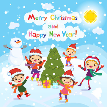 Merry Christmas And Happy New Year. 2017. Winter fun. Cheerful kids playing in the snow. Stock vector illustration of a group of happy children in red Santa christmas hat vector 