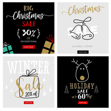 Set of Christmas and New Year mobile sale banners. Vector illustrations of online shopping website and mobile website banners, posters, newsletter designs, ads, coupons, social media banners.