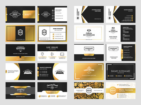 Set of elegant double-sided business card templates with logotype elements. Black and gold colors. Vector illustration. Stationery design