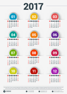 Calendar for 2017 year. Vector design stationery template. Week starts Monday. Vector illustration