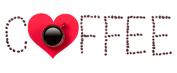 Coffeebeans text and red coffee cup with heart on white backgrou