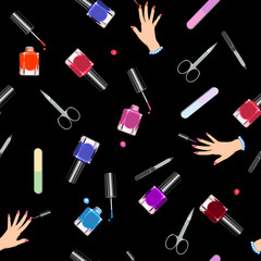 Obraz premium Seamless pattern manicure tools on a white background. Vector illustration. Hand drawing manicure tools. Manicure tools card.