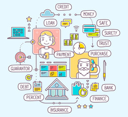 Vector illustration of talking man and woman by phone about taki