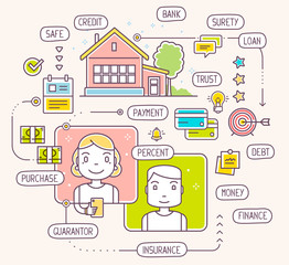 Vector illustration of talking man and woman by phone about taki