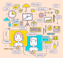 Vector illustration of talking man and woman by phone about bank