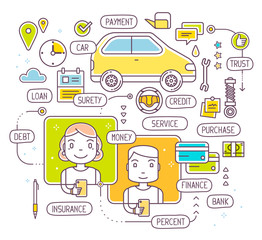 Vector illustration of talking man and woman by phone about buyi