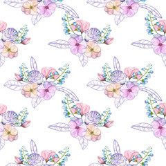 Seamless pattern with isolated watercolor floral bouquets from tender flowers and leaves in pink and purple pastel shades, hand drawn on a white background