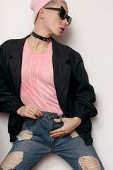 Hipster Model Stylish Urban Swag. Autumn outfit. Choker. Beanie