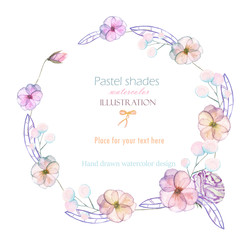Circle frame, border, wreath with watercolor tender flowers and leaves in pastel shades, hand drawn on a white background, for invitation, card decoration and other works
