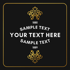 Golden luxurious logo frame. Golden on black background. Vector illustration. Decorative elements for business card, invitation, greeting card template