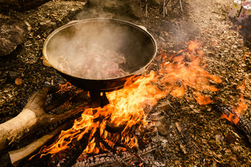 Cast iron pot outdoors, cooking on a fire.
