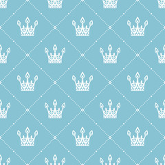 Seamless pattern in retro style with a white crown on a turquoise background. Can be used for wallpaper, pattern fills, web page background,surface textures. Vector Illustration.
