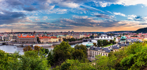 Fototapeta na wymiar Evening sunset Panorama of Prague with Vltava river and Prague Bridges, high resolution image.