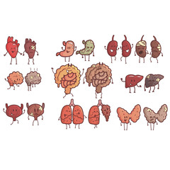 Human Internal Organs Healthy Vs Unhealthy Set Of Medical Anatomic Funny Outlined Comic Character Pairs Of Organism Parts In Comparison Happy Against Sick And Damaged