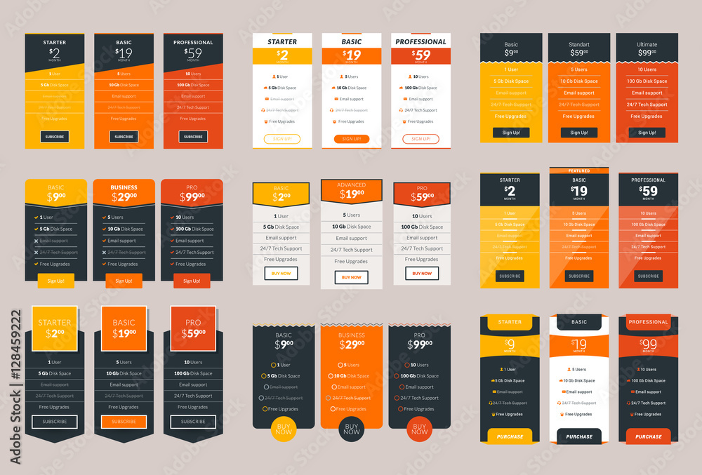 Wall mural collection of coloful pricing table design templates for websites and applications. vector pricing p
