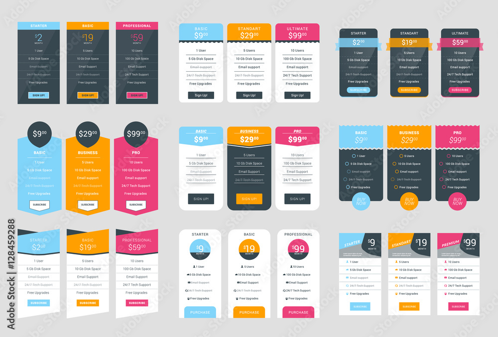 Wall mural collection of coloful pricing table design templates for websites and applications. vector pricing p