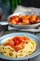 Pasta with meatballs turkey, selective focus