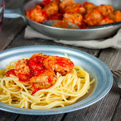 Pasta with meatballs turkey, selective focus