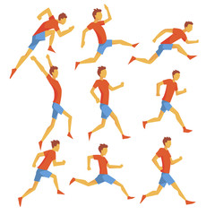 Male Sportsman Running The Track With Obstacles And Hurdles In Red Top And Blue Short In Racing Competition Set Of Illustrations.