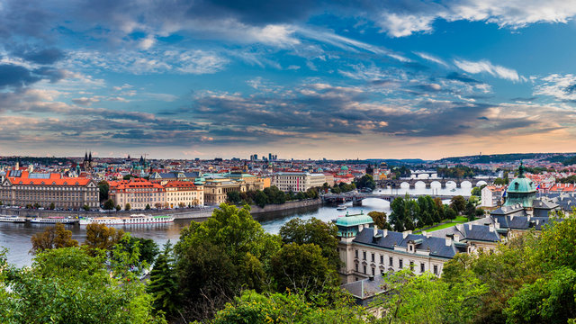 View of the Vltava River and the bridges with the sunset, Prague, the Czech Republic