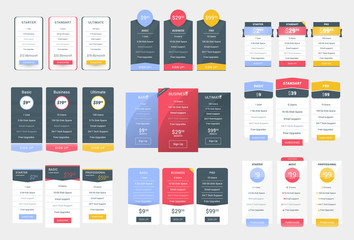 Collection of Coloful Pricing Table Design Templates for Websites and Applications. Vector Pricing Plans with Icon Set. Flat Style Vector Illustration
