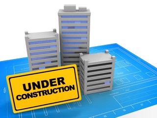 3d illustration of city over blueprint background with under construction sign