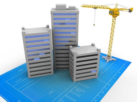 3d illustration of crane over bluprint paper background with city