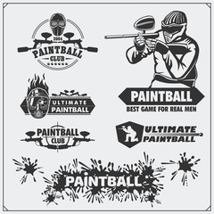 Set of paintball club labels, emblems, symbols, icons and design elements.