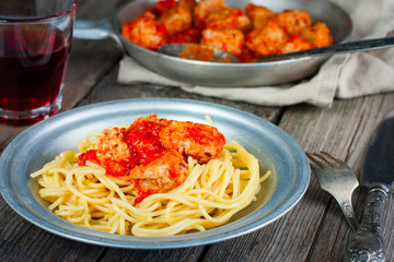 Pasta with meatballs turkey, selective focus