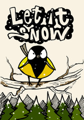 Sketch of titmouse bird sitting on a flowering branch. illustration