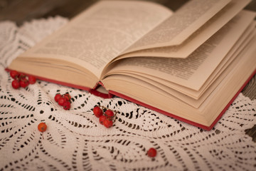 Open book, Crochet doily, red berries on wooden background
