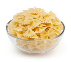 Farfalle pasta in glass bowl isolated on white background with clipping path