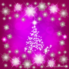 Background in abstract pink colours with christmas tree. Vector illustration.