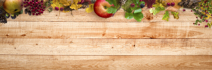 Herbstzeit - Blätter und Beeren auf rustikalem Holz - Hintergrund | Banner