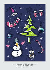 Christmas card template with big collection of bright New Year elements made in vector.