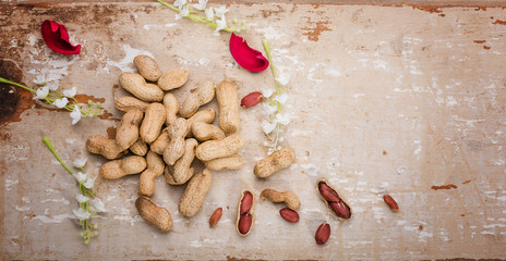 peanuts on wooden table