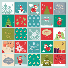 Advent calendar. Christmas poster. Santa Claus, snowflakes, snowman, Christmas tree, Christmas symbols, Christmas font, Christmas gifts.